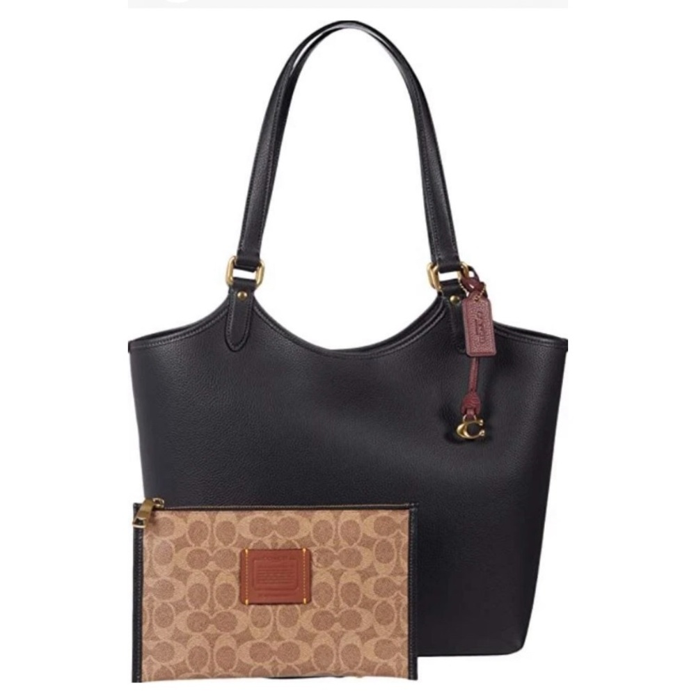 NWOT COACH POLISHED PEBBLE BLACK LEATHER DAY TOTE WITH REMOVABLE ACCESSORY BAG